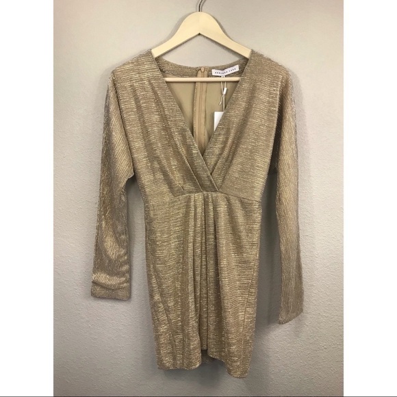 NWT Endless Rose x Revolve Gold Surplice Dress - Picture 5 of 9